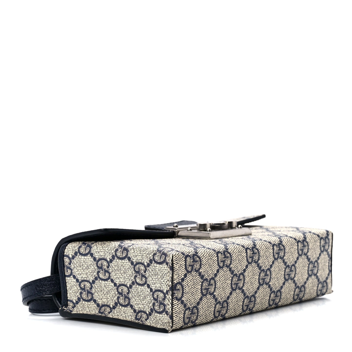 GG Supreme Monogram Textured Dollar Calfskin Web Mini Padlock Top Handle Shoulder Bag Beige Blue