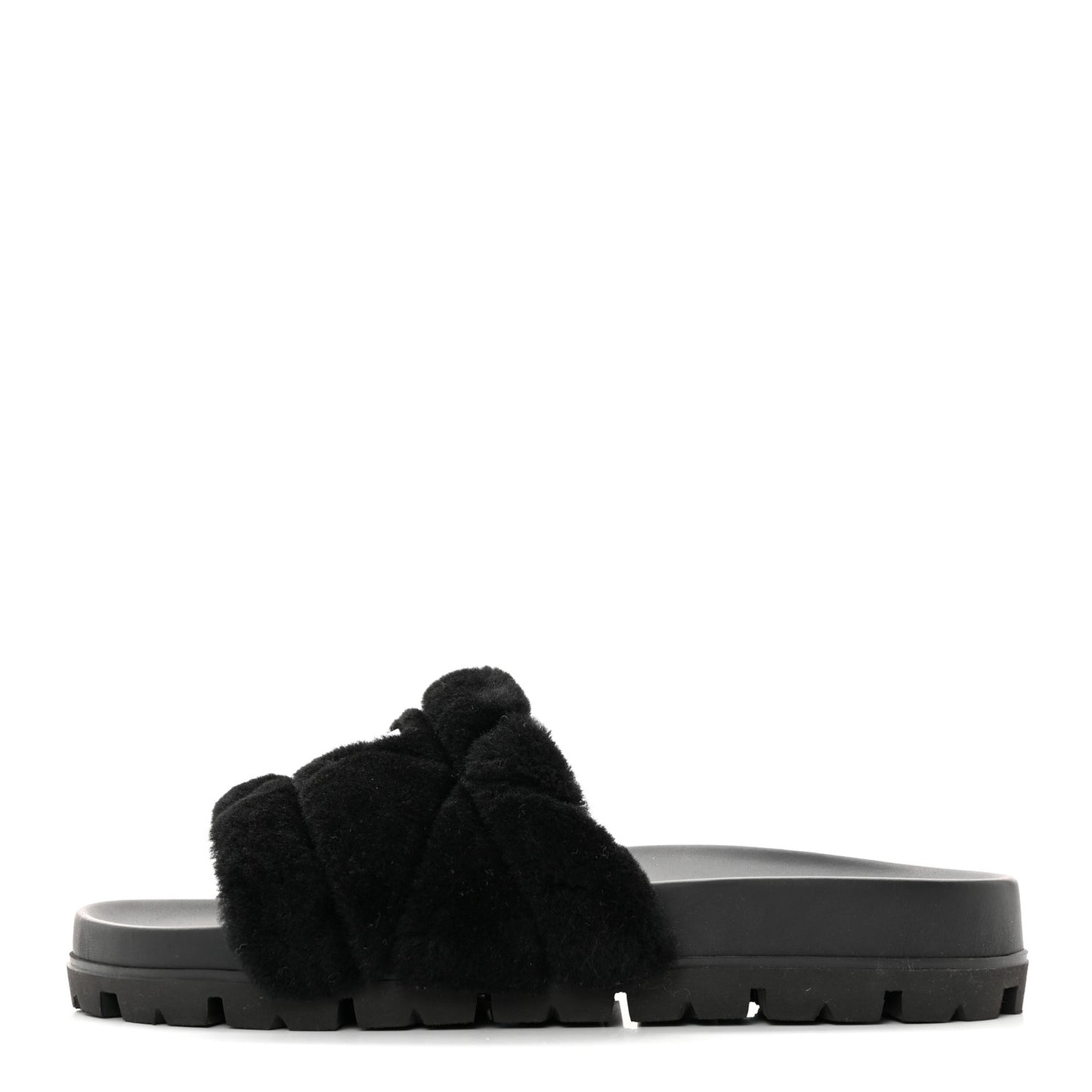 Shearling Metal Triangle Logo Lug Sole 20mm Slide Sandals 41 Black