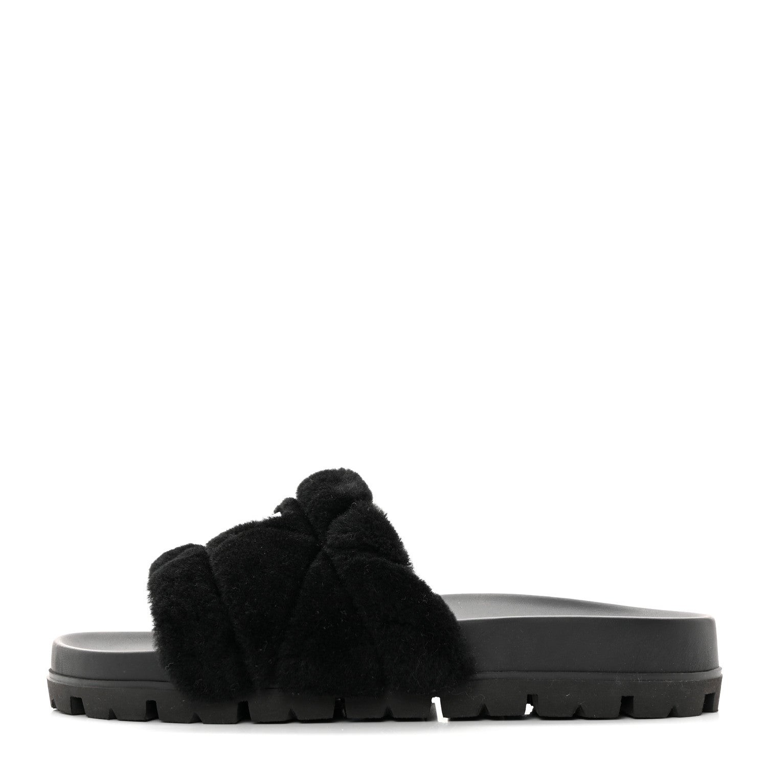 Prada Shearling Metal Triangle Logo Lug Sole 20mm Slide Sandals 41 Black 1 of 9