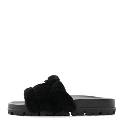 Prada Shearling Metal Triangle Logo Lug Sole 20mm Slide Sandals 41 Black 1 of 9