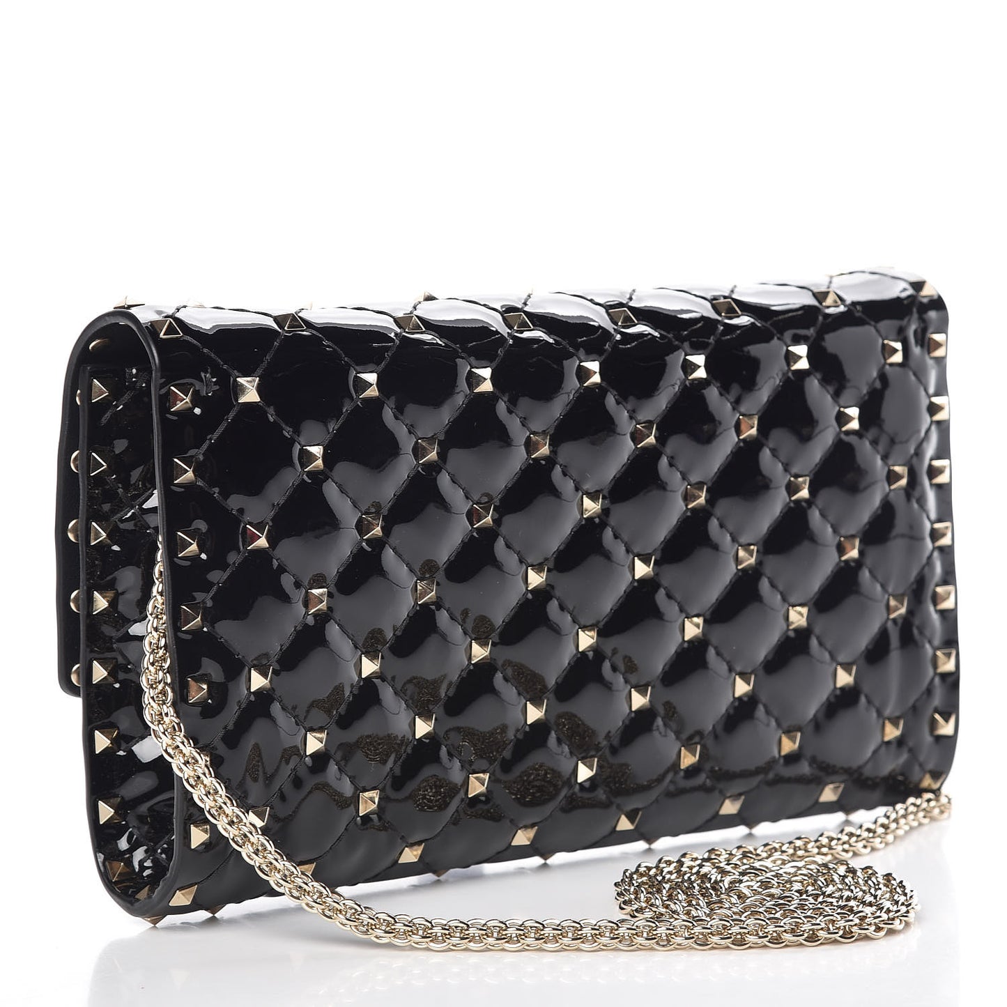 Patent Rockstud Spike Wallet on Chain Black