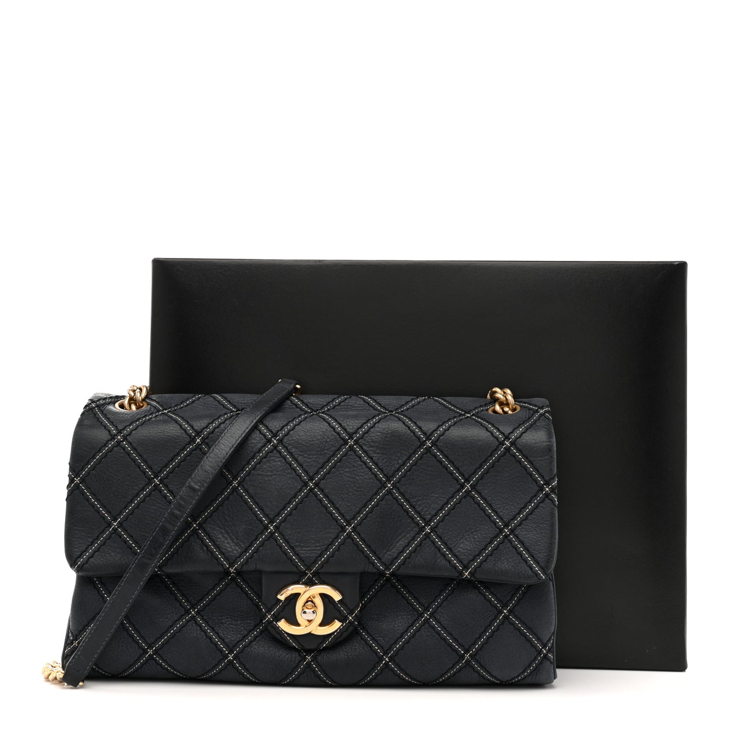 Iridescent Calfskin Triple Stitched Medium Flap Navy