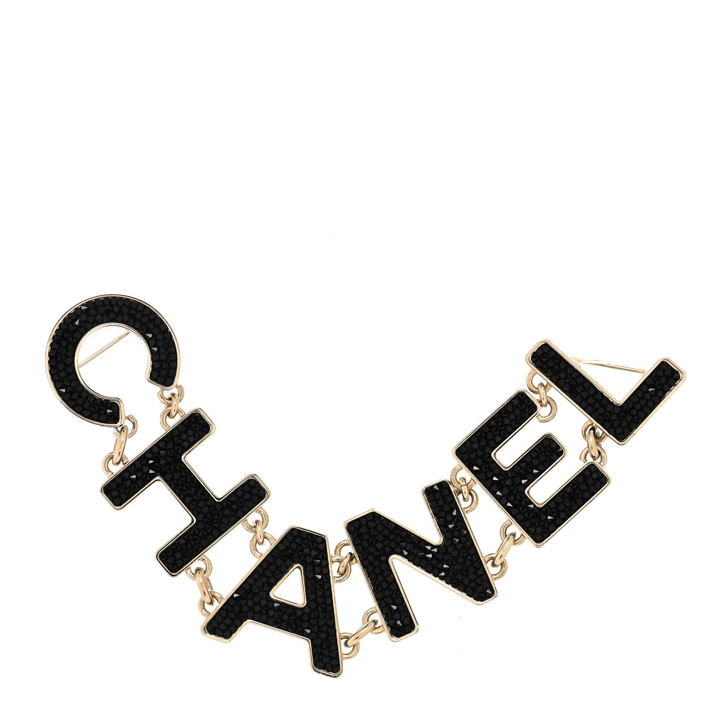 Crystal Cha-Nel Logo Brooch Black Gold