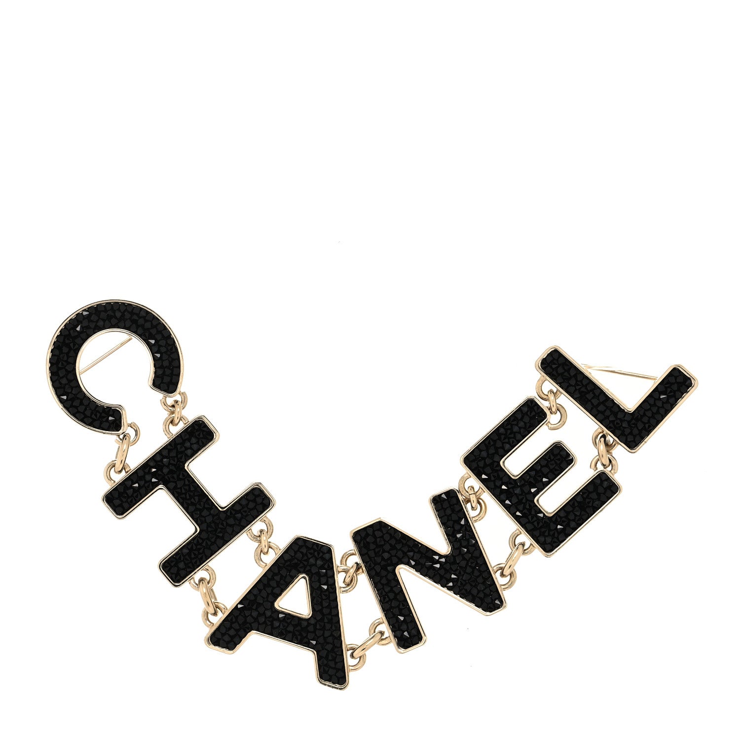Chanel Crystal Cha-Nel Logo Brooch Black Gold 1 of 4