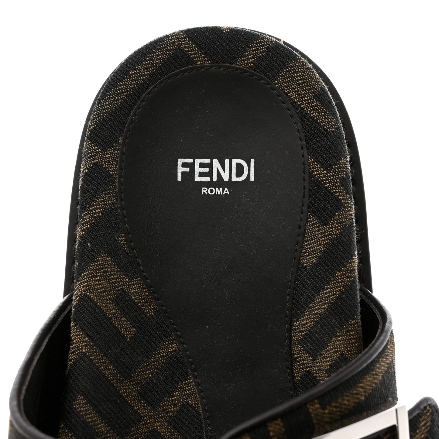 Fabric Jacquard Crystal FF Womens Fendi Feel Buckled Slide Sandals 38 Tobacco Black