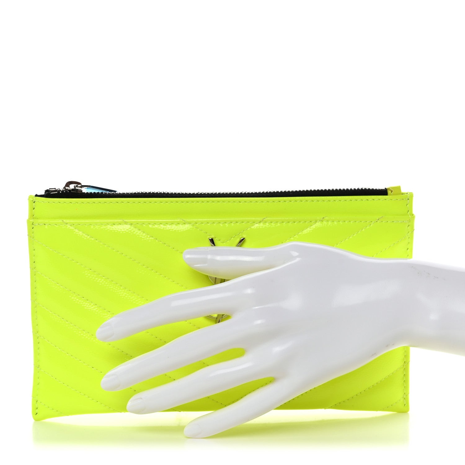 Saint Laurent Patent Grain De Poudre Matelasse Chevron Monogram Bill Pouch Neon Yellow 2 of 8