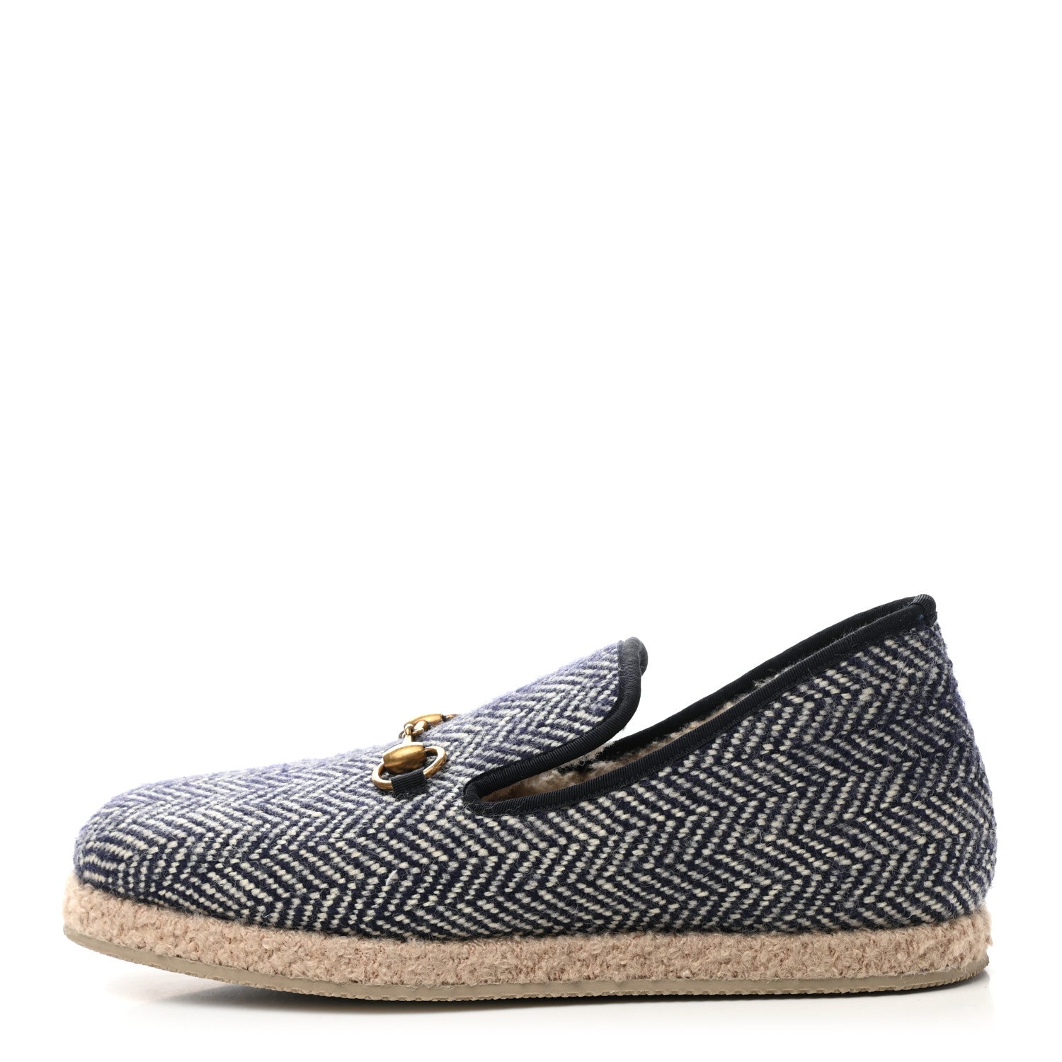 Gucci Covered Wool Herringbone Mens Fria Horsebit Loafers 7.5 Space Blue Oatmeal 1 of 9