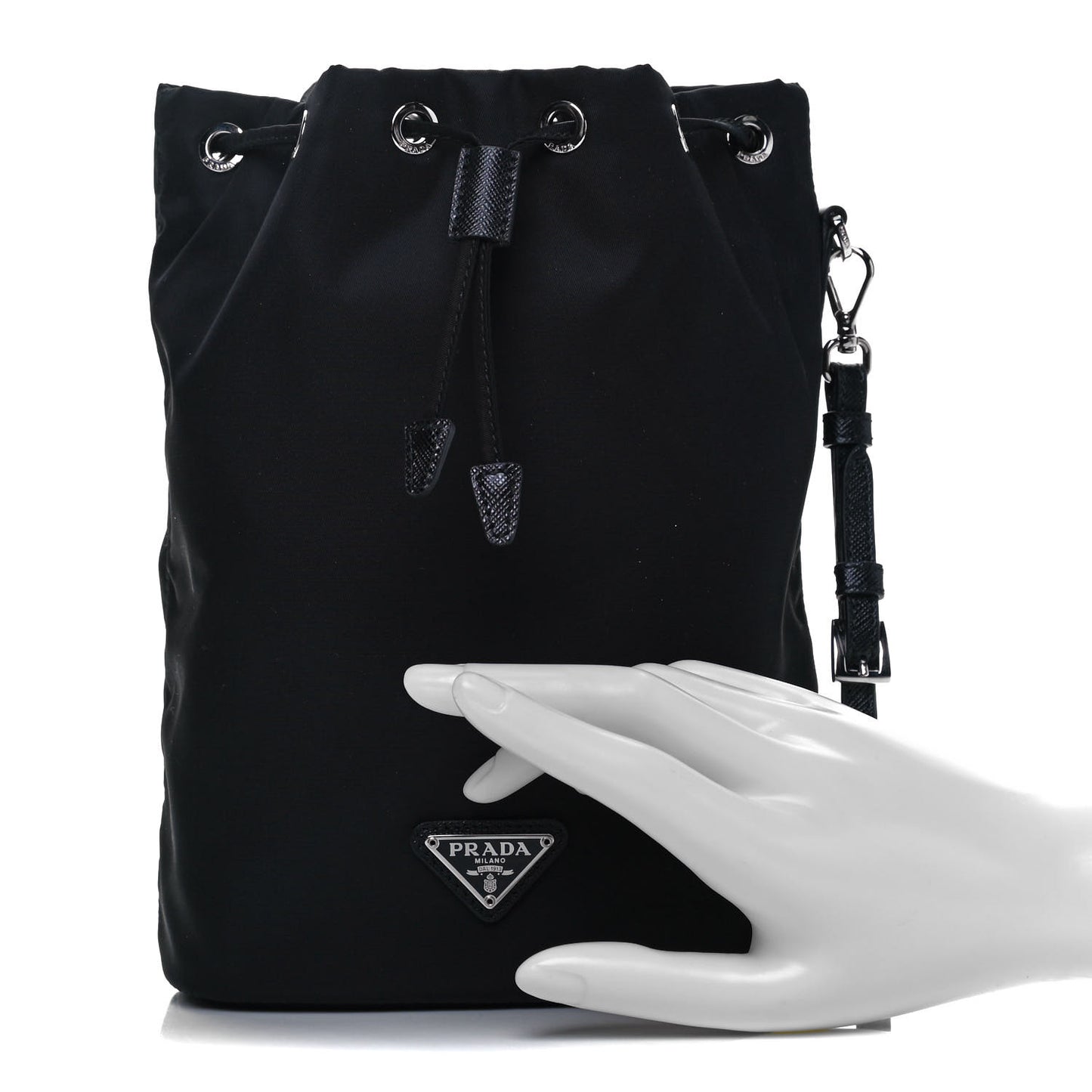 Saffiano Tessuto Nylon Vela Bucket Wristlet Black
