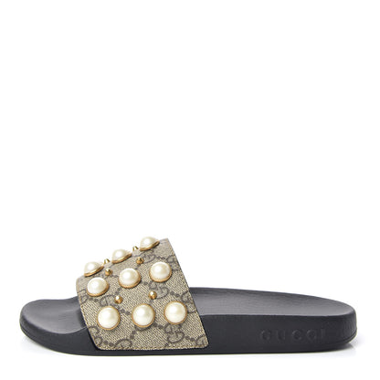 Gucci GG Supreme Monogram Pearls Slide Sandals 34 Beige 1 of 8