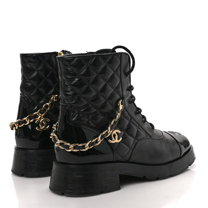 Chanel Shiny Calfskin Patent Quilted Chain Lace Up Combat Boots 39 Black 4 of 8