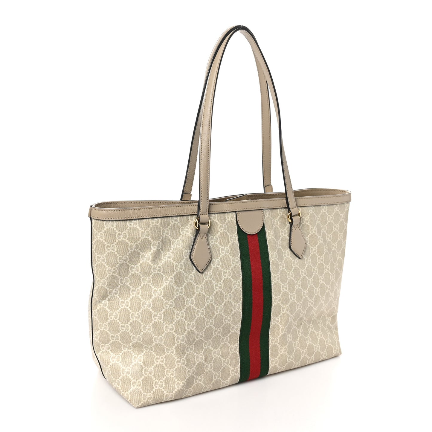GG Supreme Monogram Textured Dollar Calfskin Web Medium Ophidia Shopping Tote Beige Mystic White Oatmeal