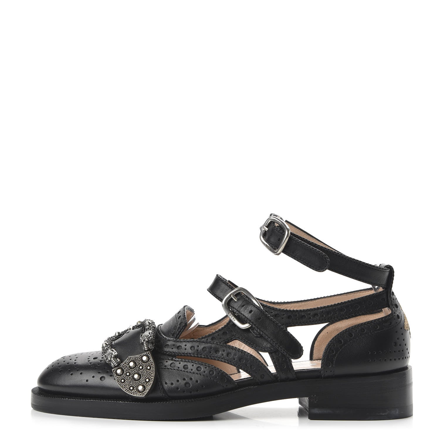 Gucci Calfskin Bee Embroidered Womens Queercore Brogue Wingtip Monk Strap Loafers 37.5 Black 1 of 9