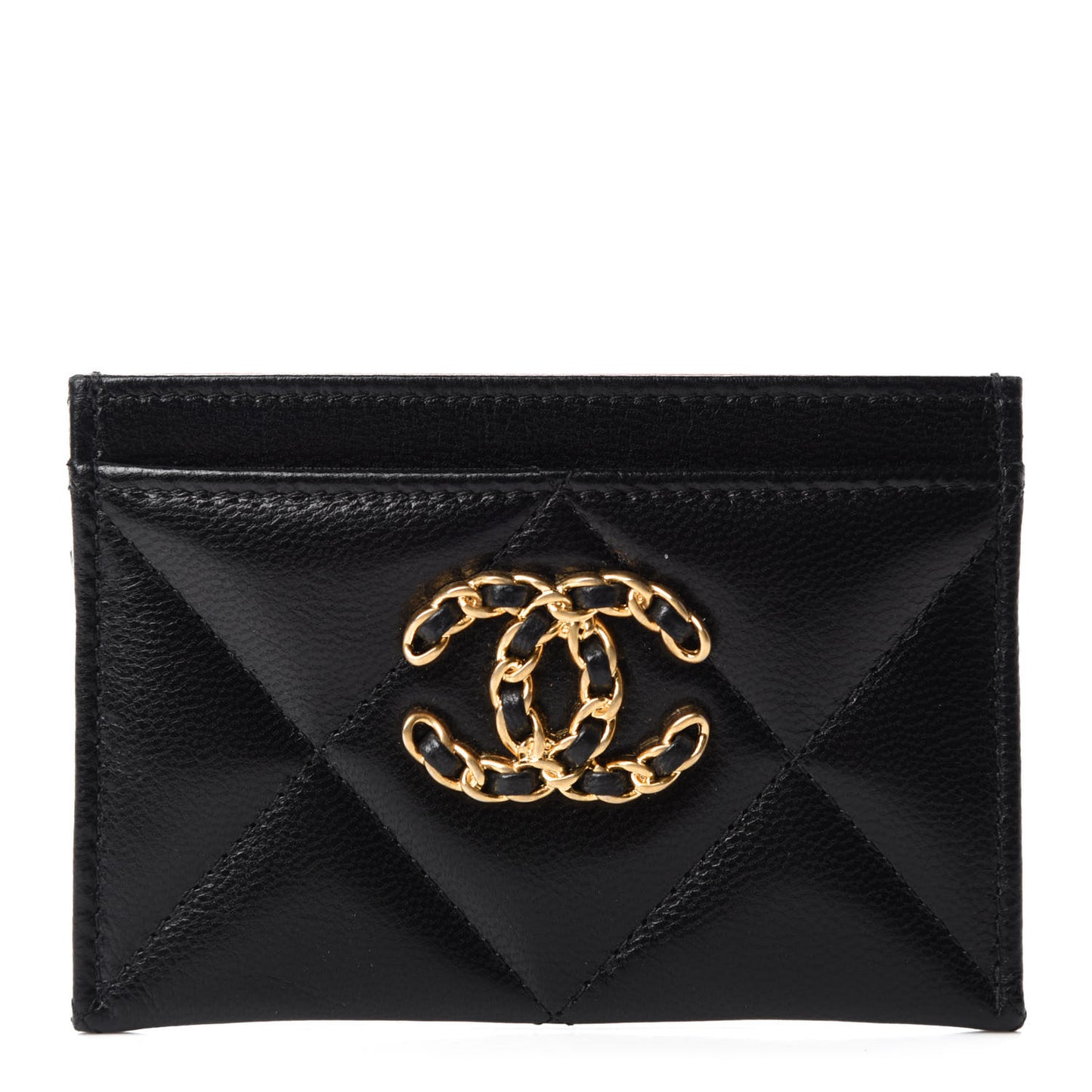 Shiny Goatskin Quilted Chanel 19 Card Holder Black