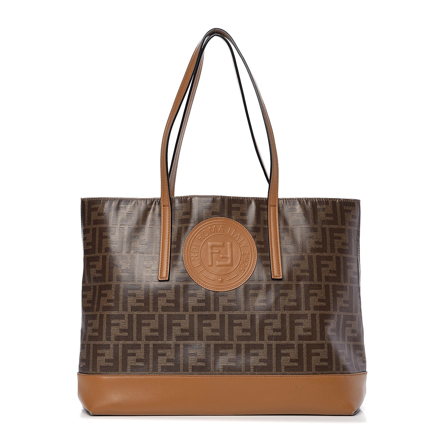 Fendi Glazed Fabric Vitello Century FF 1974 Stamp Patch Shopping Tote Mogano Panna Caramello 1 of 12