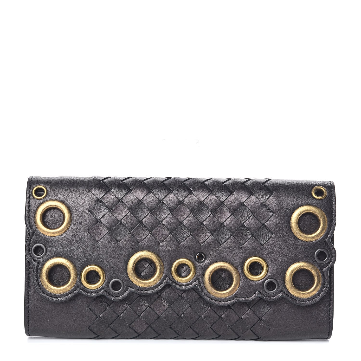 Bottega Veneta Metallic Nappa Intrecciato Eyelets Lace Continental Flap Wallet Antique Silver 1 of 9