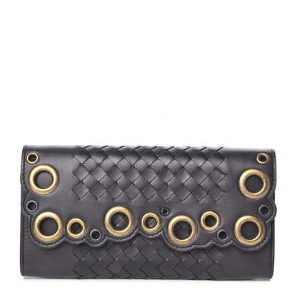 Bottega Veneta Metallic Nappa Intrecciato Eyelets Lace Continental Flap Wallet Antique Silver 1 of 9