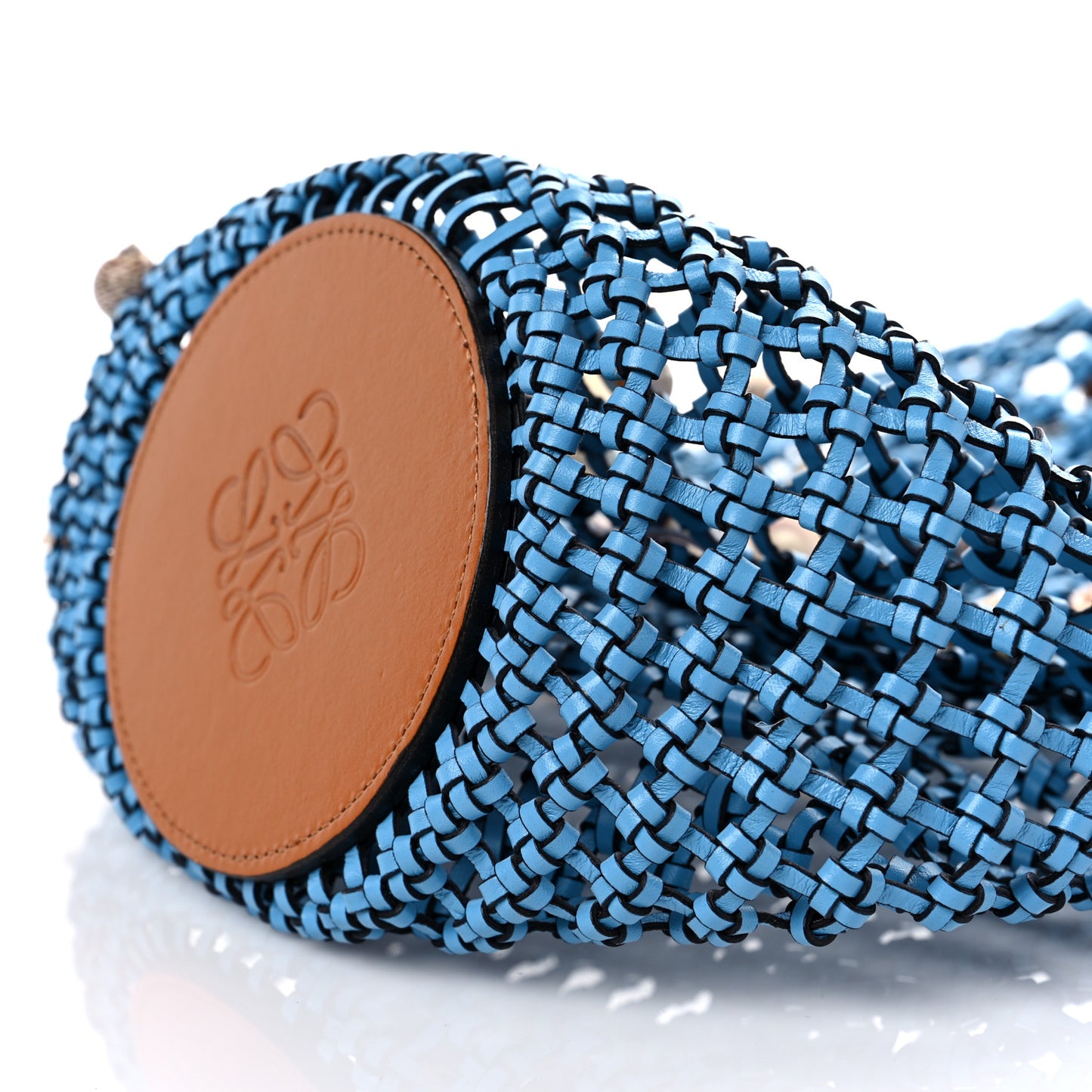 Calfskin Knotted Mesh Paula's Ibiza Seashell Bucket Bag Soft Blue