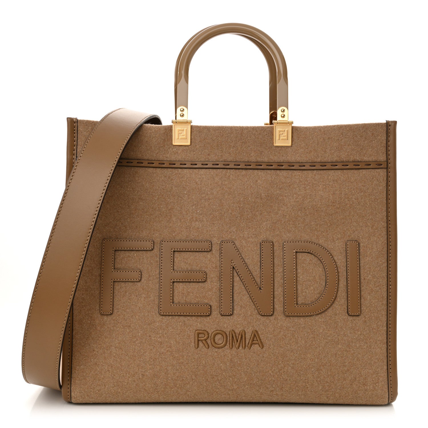Fendi Flannel Vitello King Wool Plexiglass FF Logo Embroidered Medium Fendi Sunshine Shopper Tote Brown 1 of 10