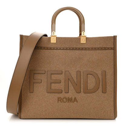 Fendi Flannel Vitello King Wool Plexiglass FF Logo Embroidered Medium Fendi Sunshine Shopper Tote Brown 1 of 10