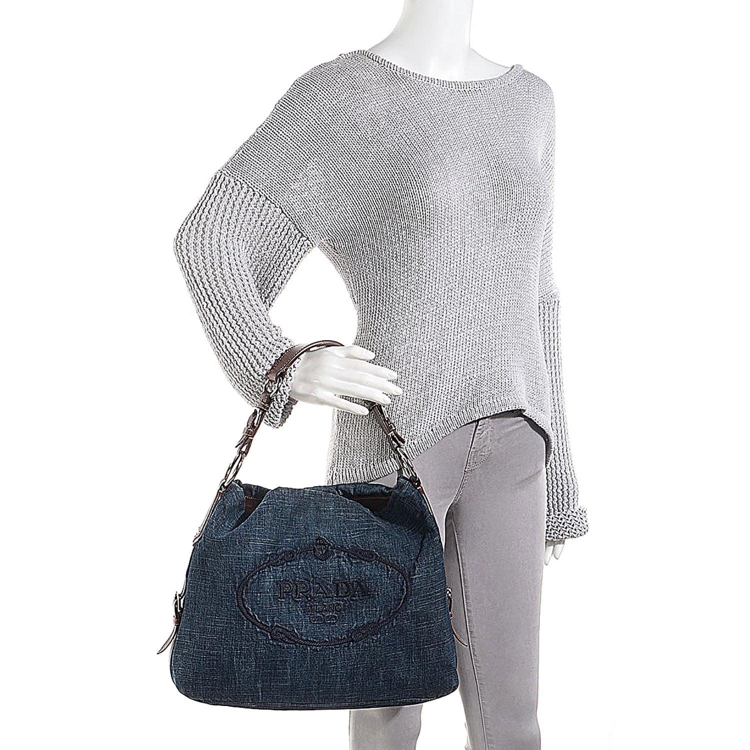 Prada Washed Denim Logo Hobo Blue 2 of 8