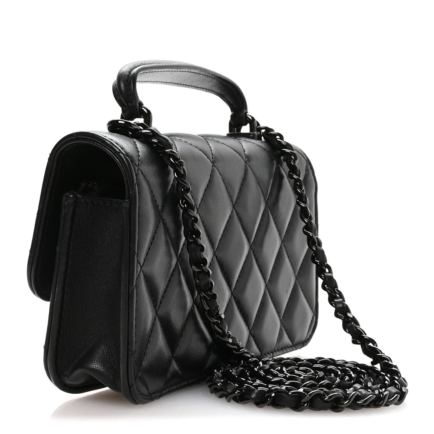Lambskin Quilted Flap Phone Holder With Chain So Black