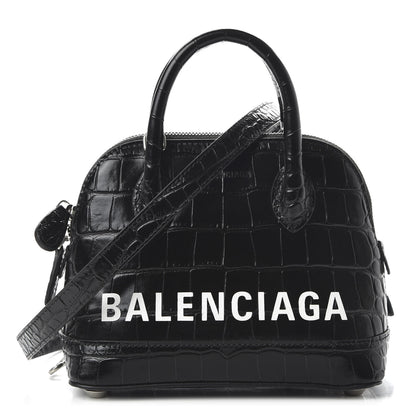 Balenciaga Calfskin Logo Crocodile Embossed XXS Ville Top Handle Bag Black White 1 of 9