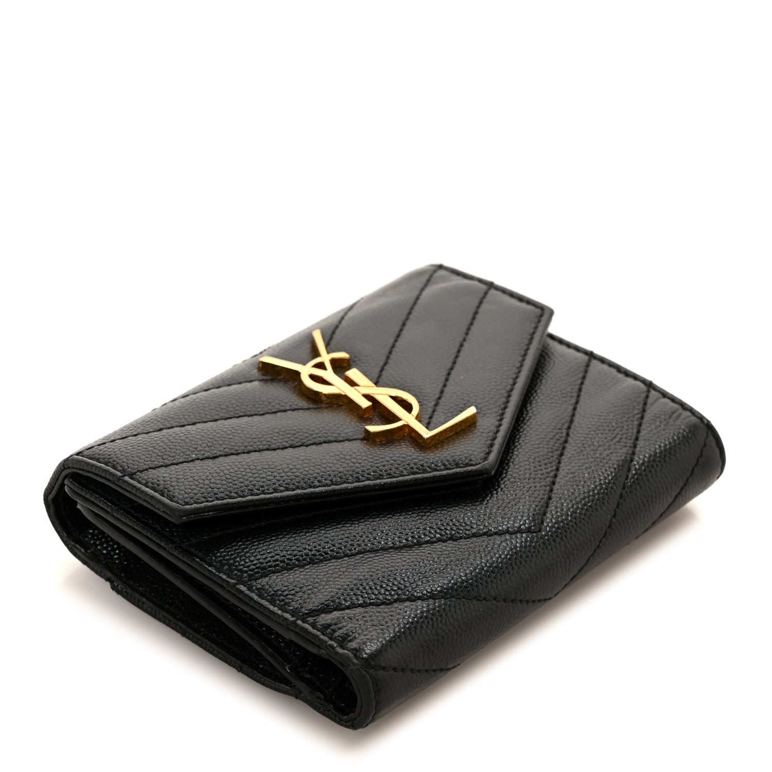 Saint Laurent Grain De Poudre Matelasse Chevron Monogram Compact Tri Fold Wallet Black 4 of 9