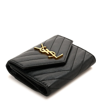 Saint Laurent Grain De Poudre Matelasse Chevron Monogram Compact Tri Fold Wallet Black 4 of 9