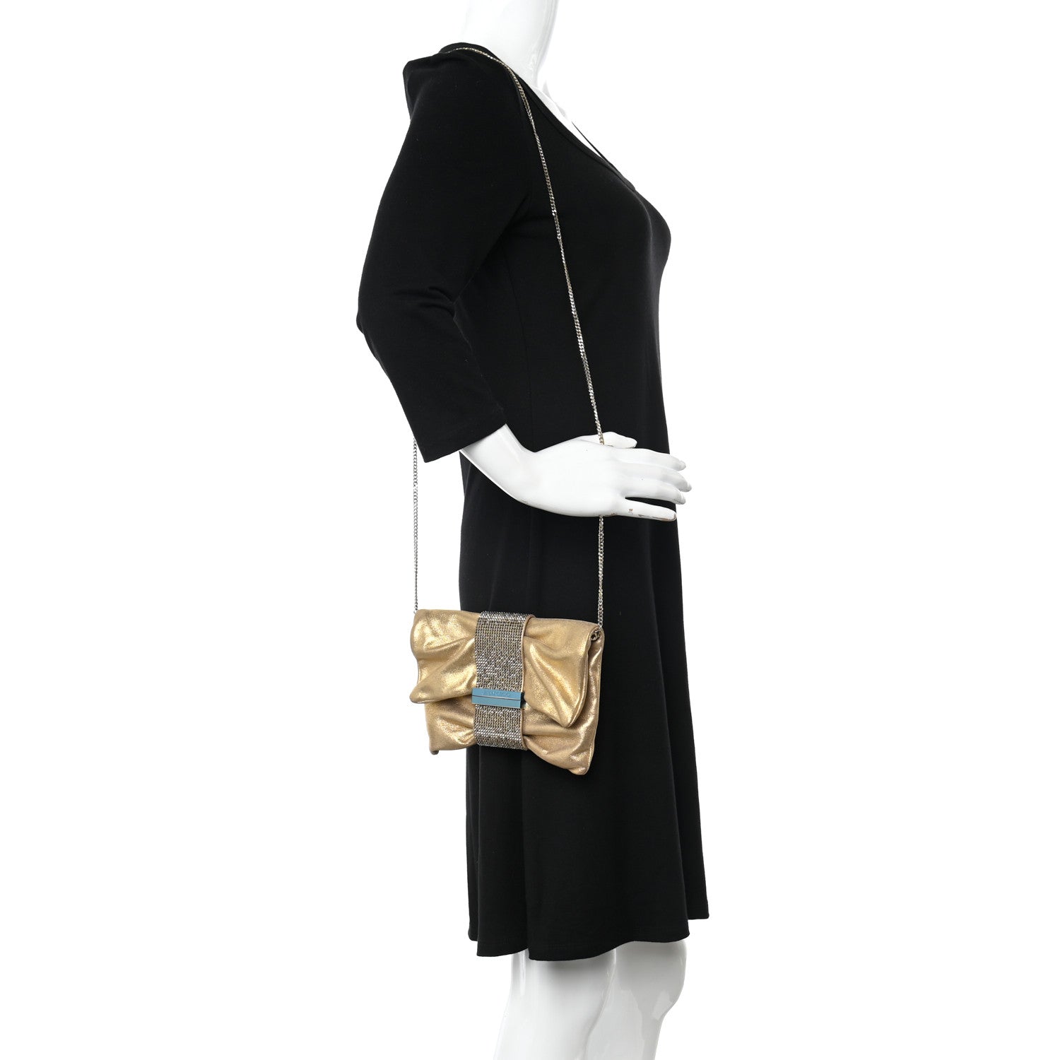 Jimmy Choo Shimmery Sheepskin Crystal Chandra Chain Clutch Gold 2 of 8
