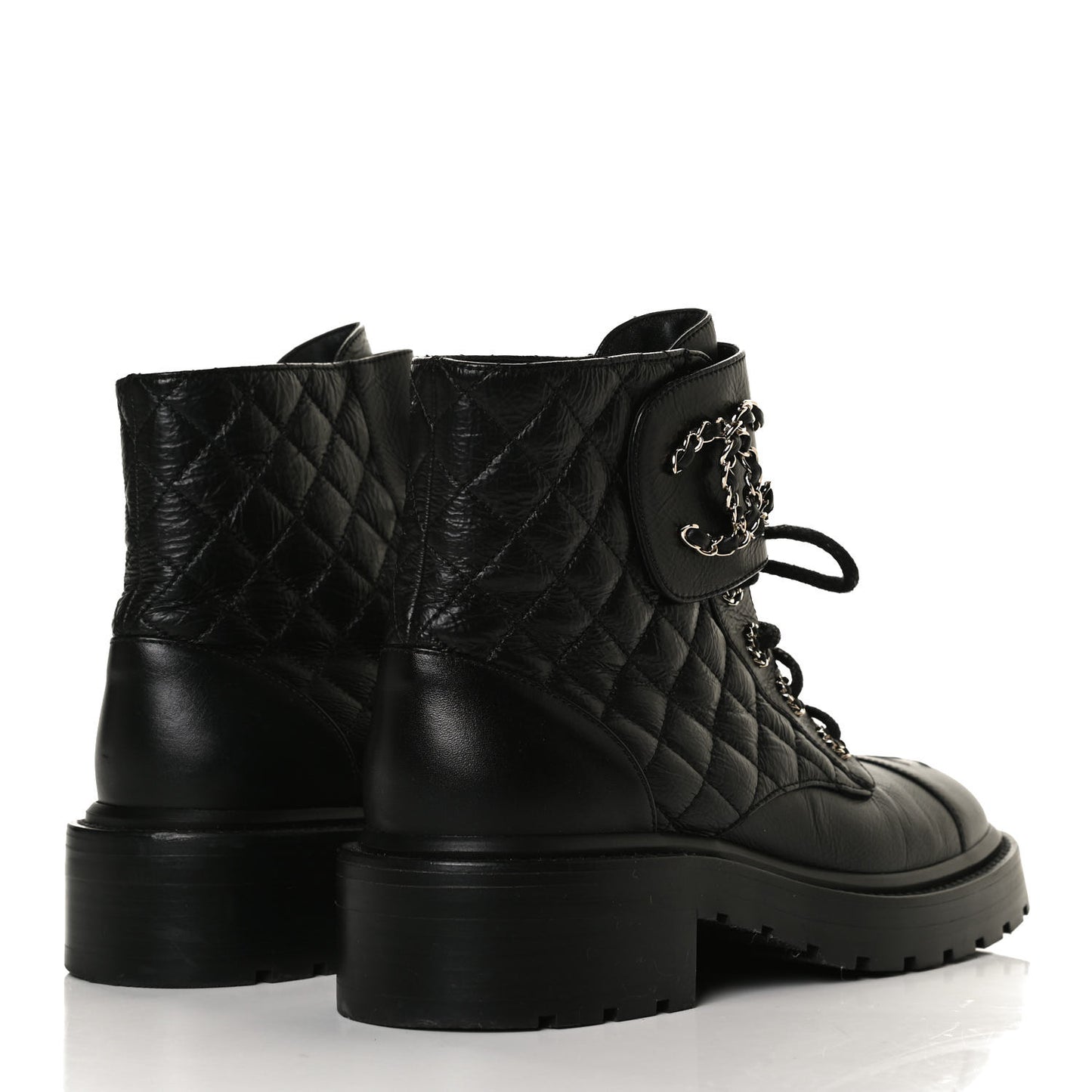 Shiny Goatskin Calfskin Quilted Lace Up Combat Boots 38 Black