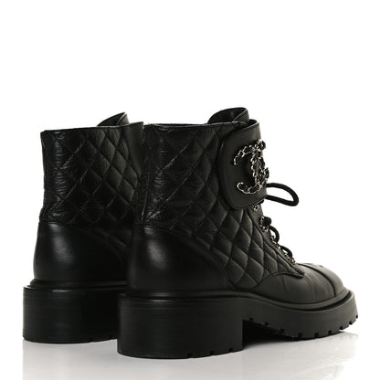 Chanel Shiny Goatskin Calfskin Quilted Lace Up Combat Boots 38 Black 4 of 13