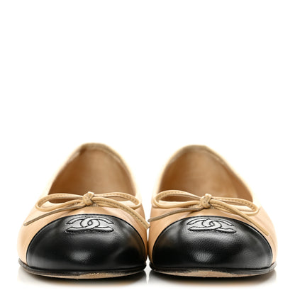 Chanel Lambskin Cap Toe CC Ballerina Flats 37 Beige Black 3 of 10