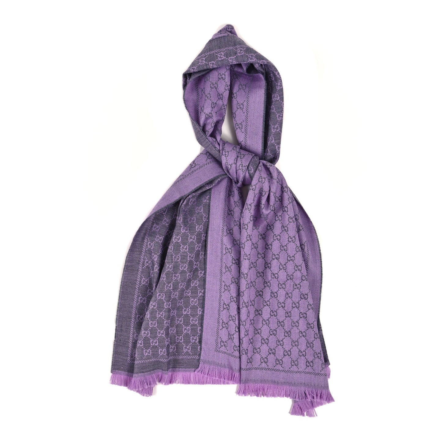 Wool GG Monogram Reversible New Sten Fringe Scarf Flannel Light Purple
