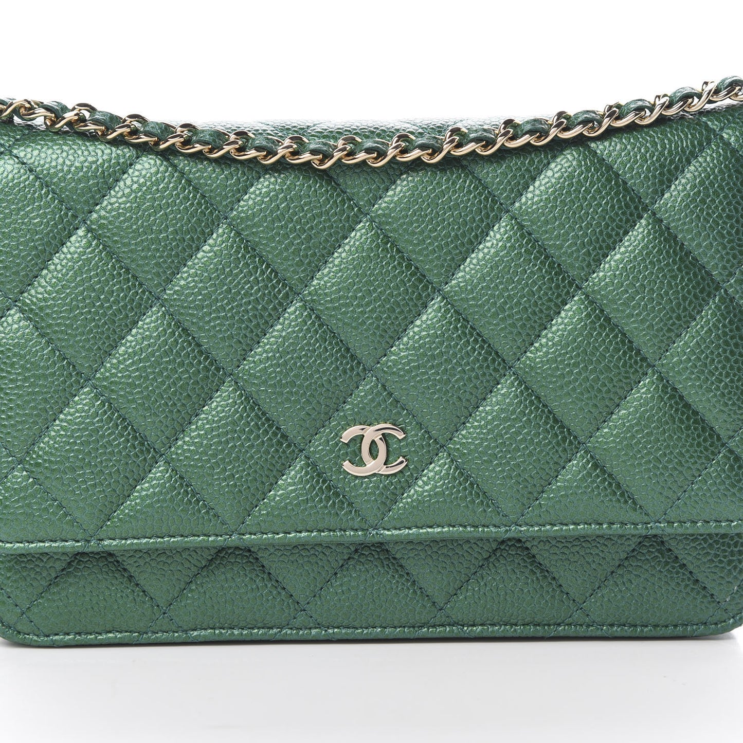 Metallic Caviar Quilted Wallet On Chain WOC Green