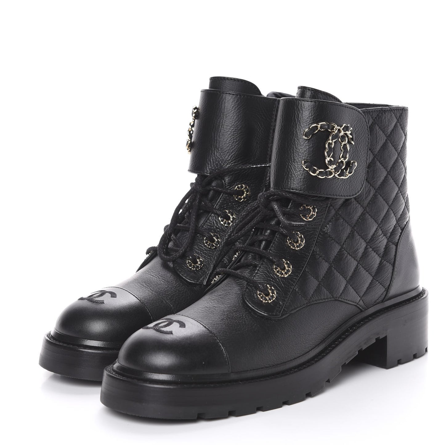 Shiny Goatskin Calfskin Quilted Lace Up Combat Boots 40 Black