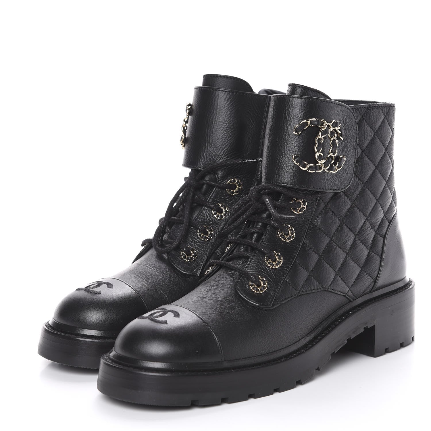 Chanel Shiny Goatskin Calfskin Quilted Lace Up Combat Boots 40 Black 3 of 10
