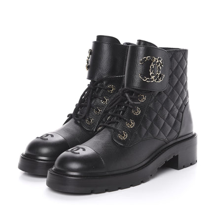 Chanel Shiny Goatskin Calfskin Quilted Lace Up Combat Boots 40 Black 3 of 10