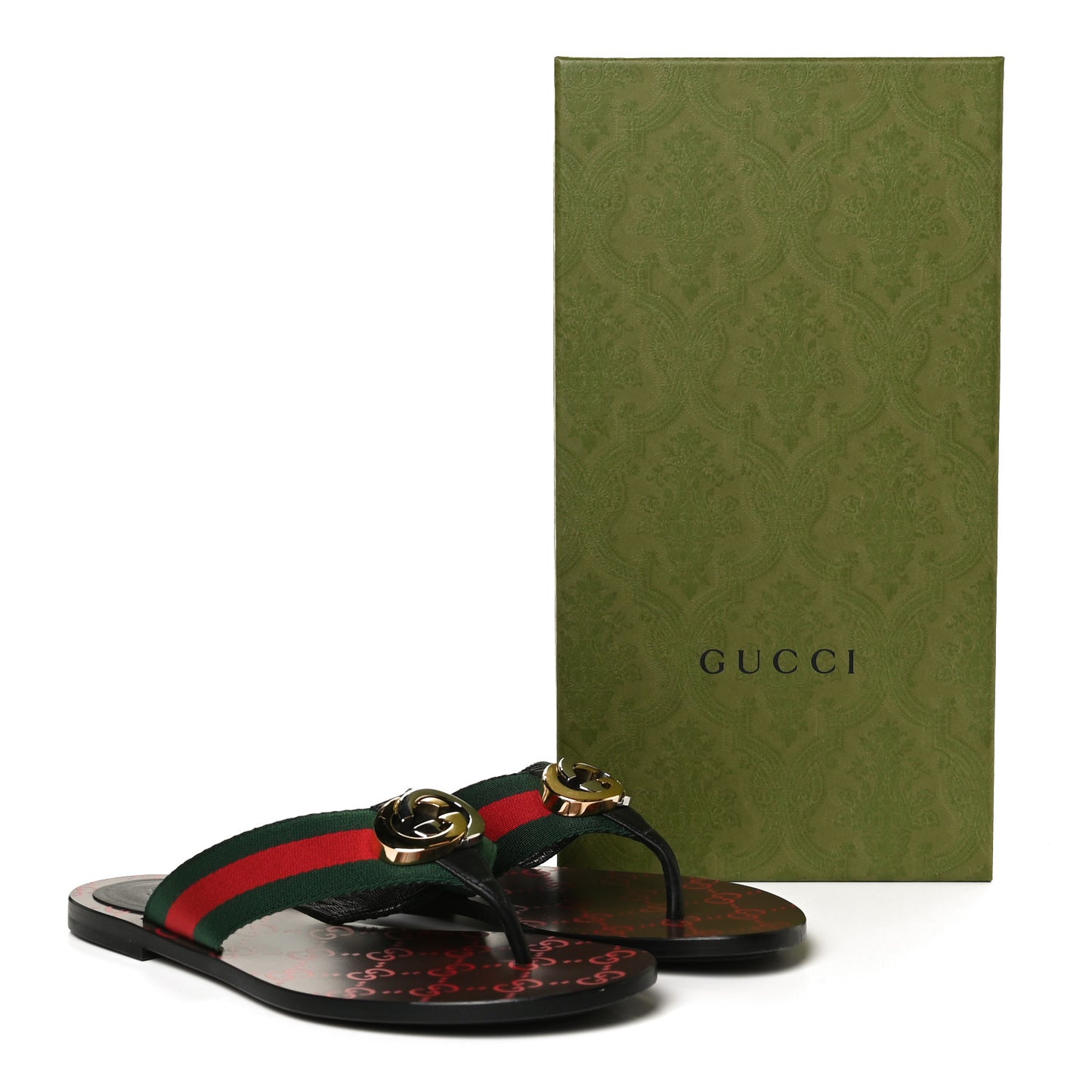 Nylon Calfskin Web GG Monogram Womens Thong Sandals 36 Green Red Cocoa