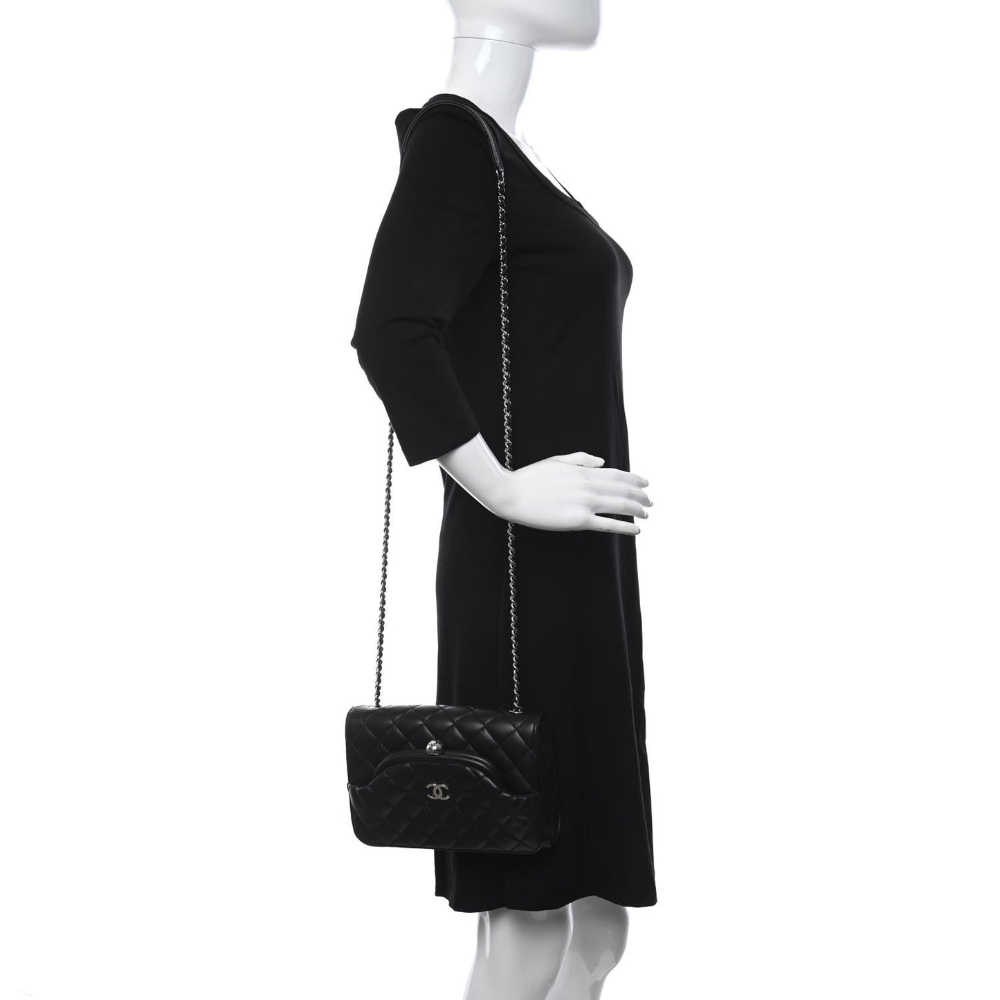 Lambskin Quilted Kiss Lock Flap Bag Black