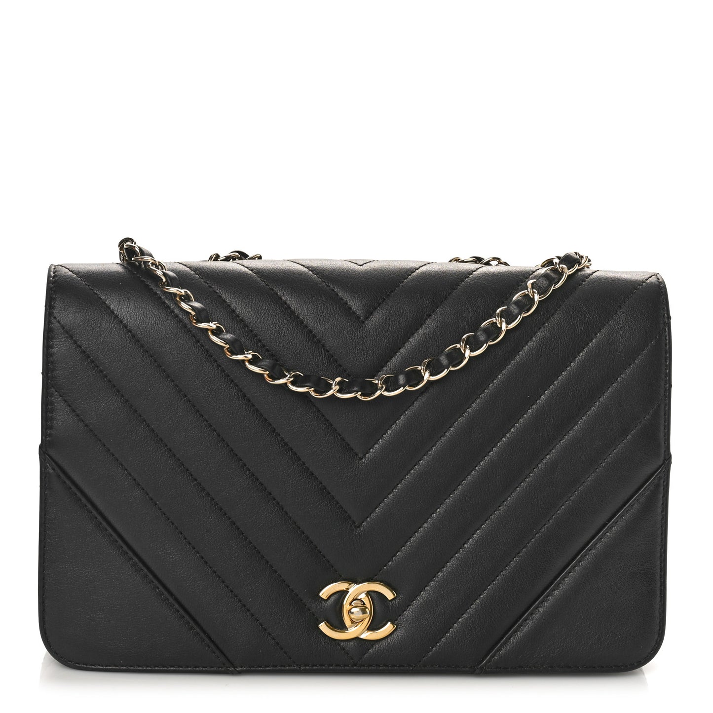 Calfskin Chevron Quilted Large Statement Flap Black