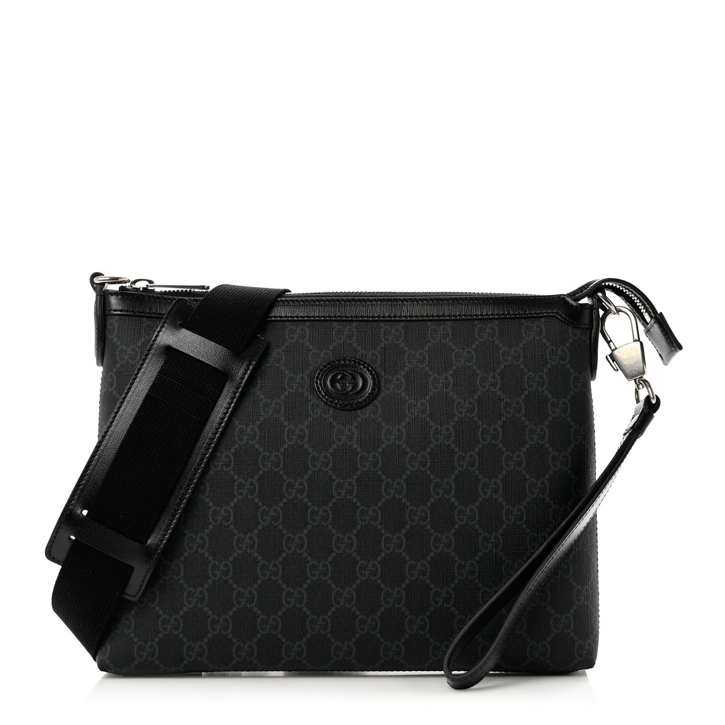 GG Supreme Monogram Azalea Calfskin Retro Interlocking G Wristlet Messenger Bag Black