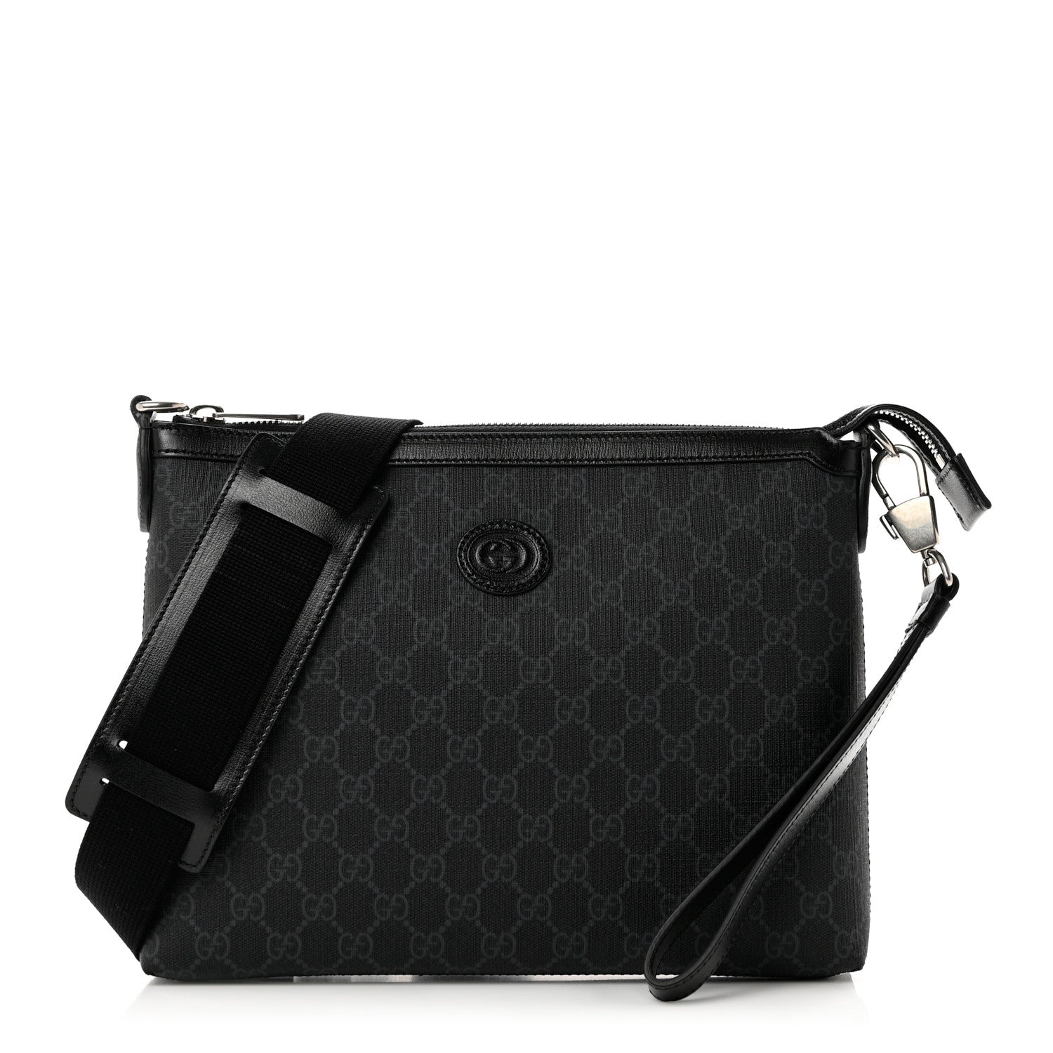 Gucci GG Supreme Monogram Azalea Calfskin Retro Interlocking G Wristlet Messenger Bag Black 1 of 6