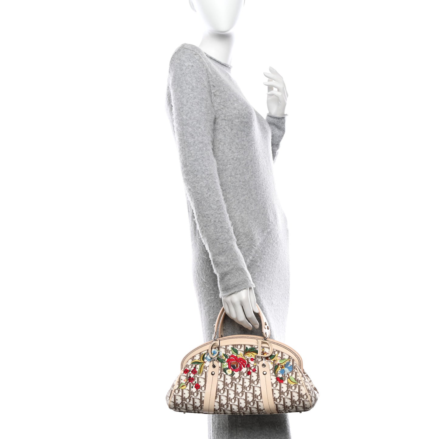 CHRISTIAN DIOR Monogram Vintage Flowers Frame Satchel Beige