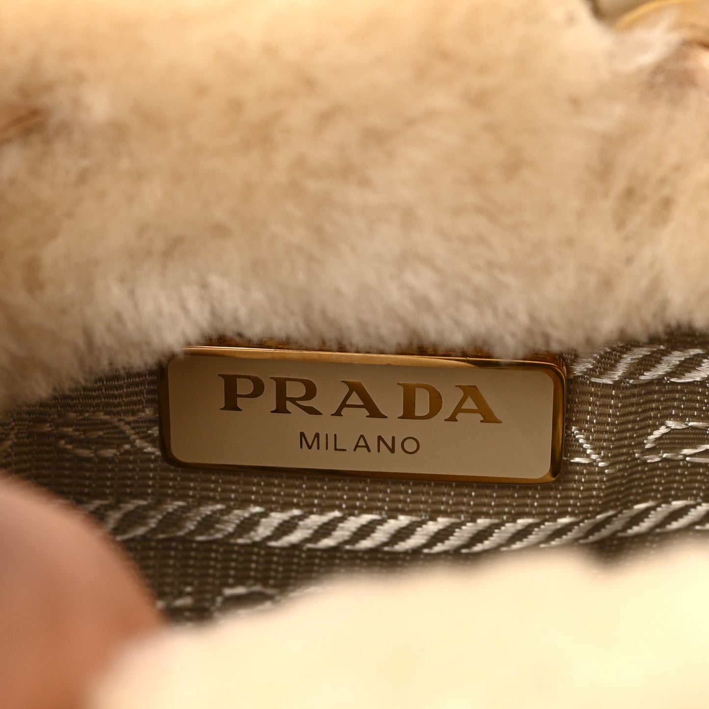 Shearling Metal Triangle Logo Mini Drawcord Pouch Shoulder Bag Ecru