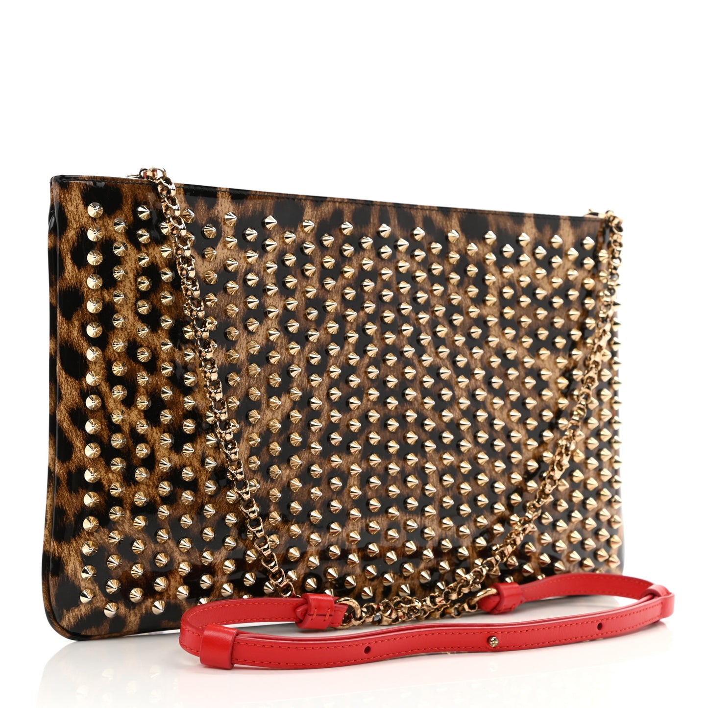 Patent Leopard Print Loubiposh Spiked Crossbody Clutch