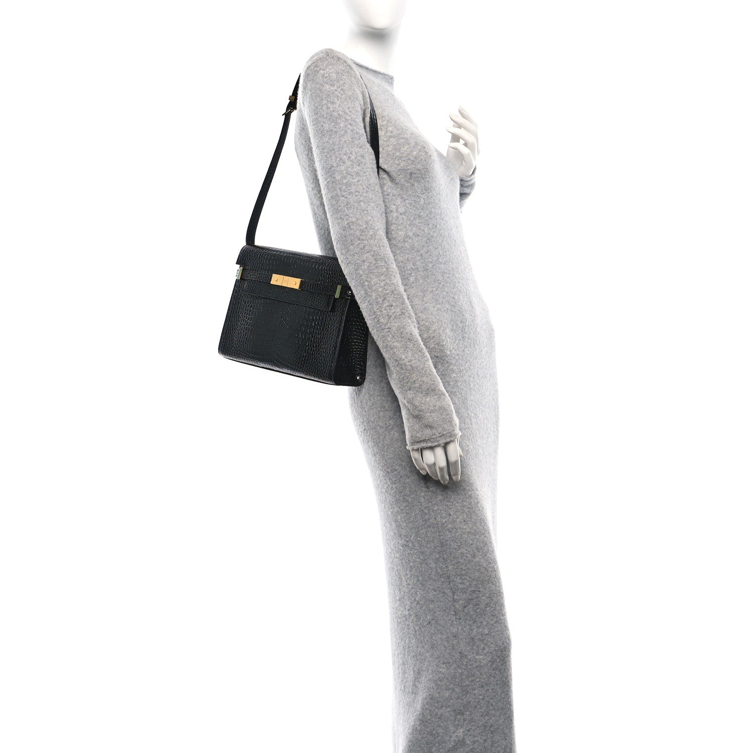 Saint Laurent Shiny Calfskin Crocodile Embossed Manhattan Baguette Black 2 of 9
