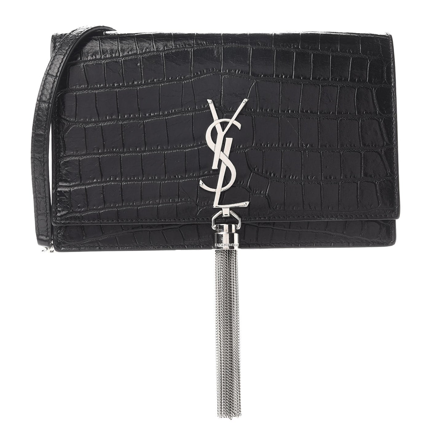 Calfskin Crocodile Embossed Kate Monogram Tassel Chain Wallet Black
