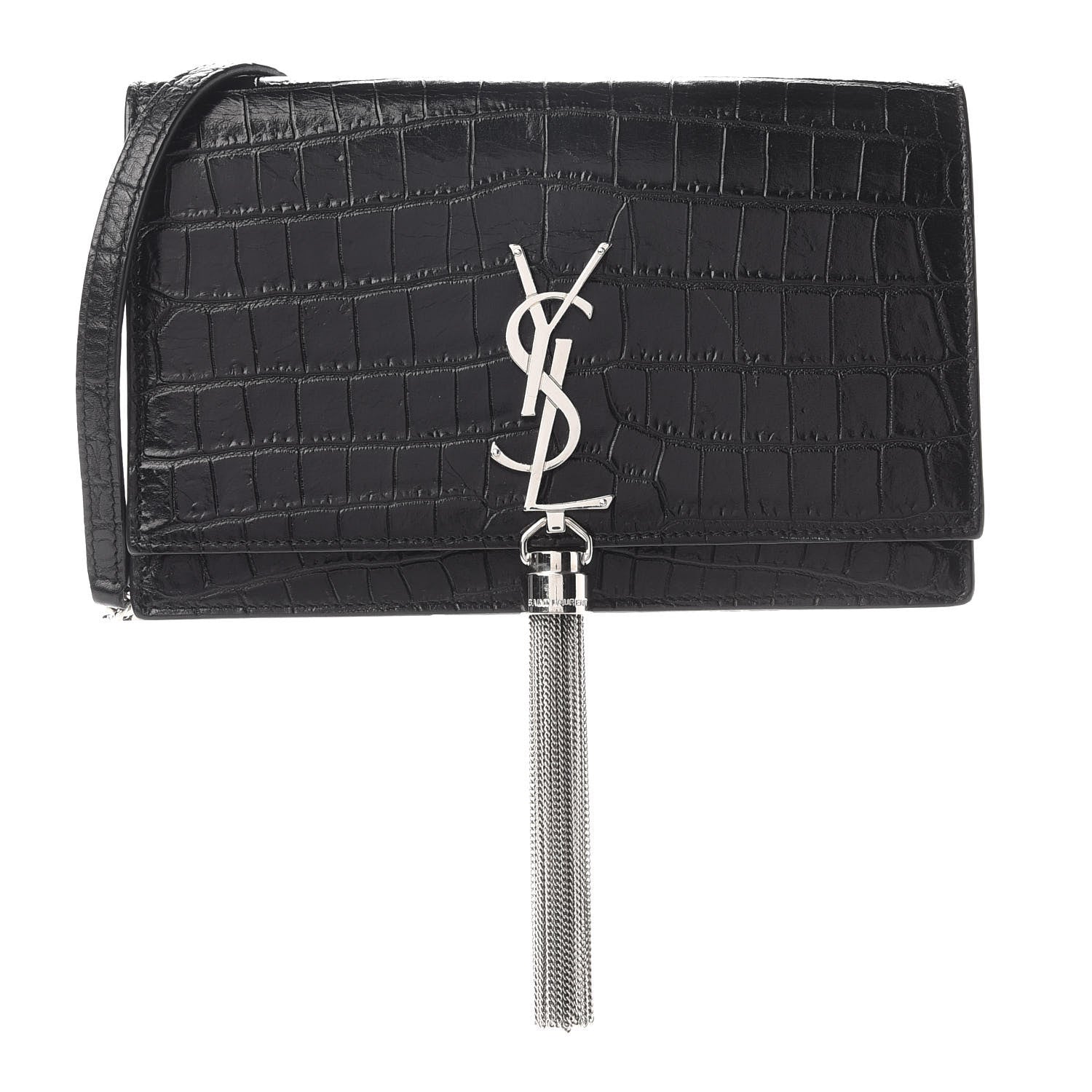 Saint Laurent Calfskin Crocodile Embossed Kate Monogram Tassel Chain Wallet Black 1 of 14