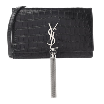Saint Laurent Calfskin Crocodile Embossed Kate Monogram Tassel Chain Wallet Black 1 of 14