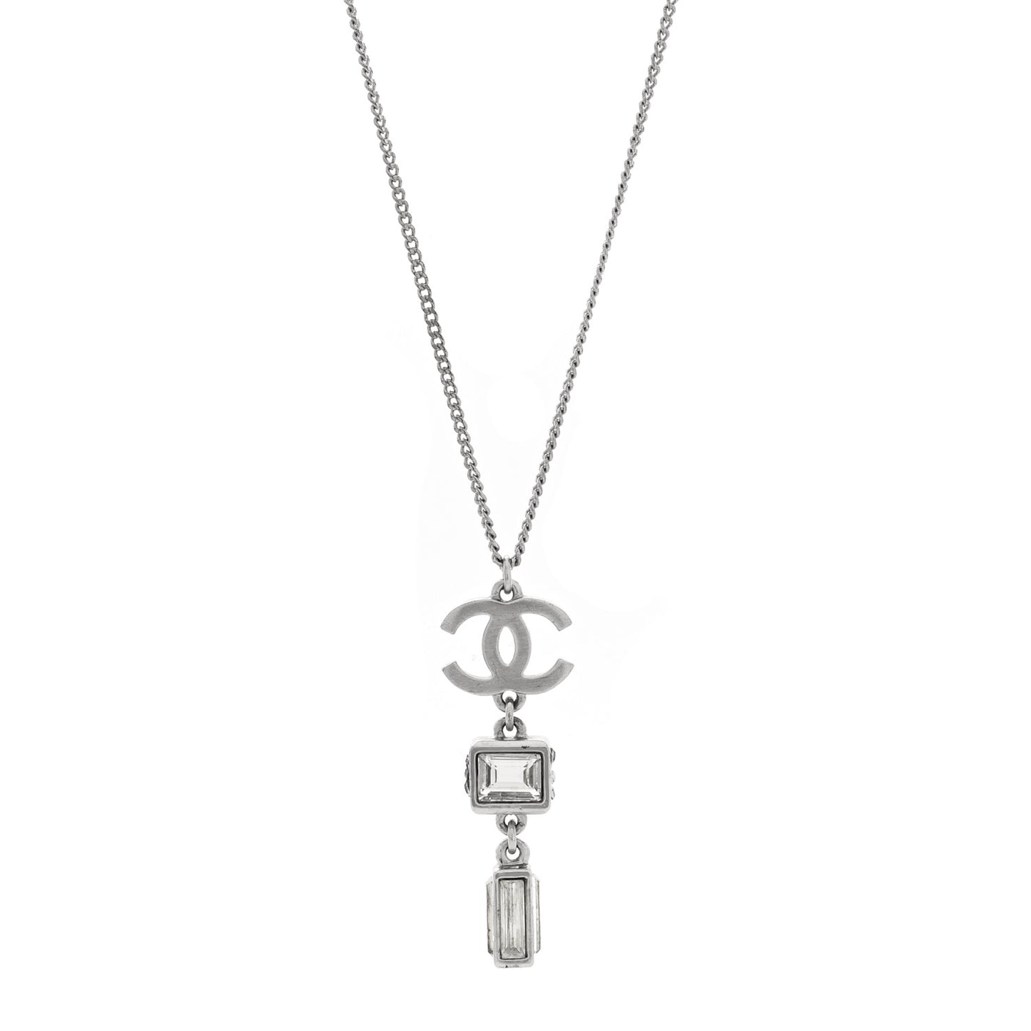 Crystal Baguette CC Drop Pendant Necklace Silver